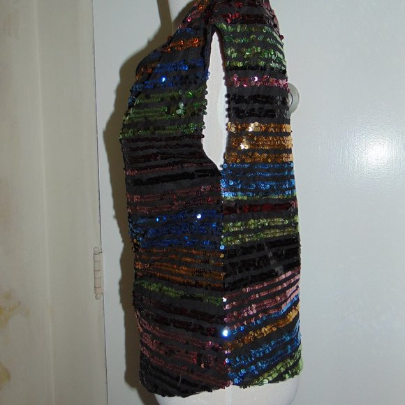 Rainbow Sequined Top Asymmetrical Neckline Off Shoulder Retro Hippy Women's Top - Picture 5 of 7